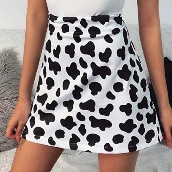 TOPVEST Women's Summer High Waist Cute Kpop Skirt Cow Print Casual A Line Mini S - Picture 3 of 5